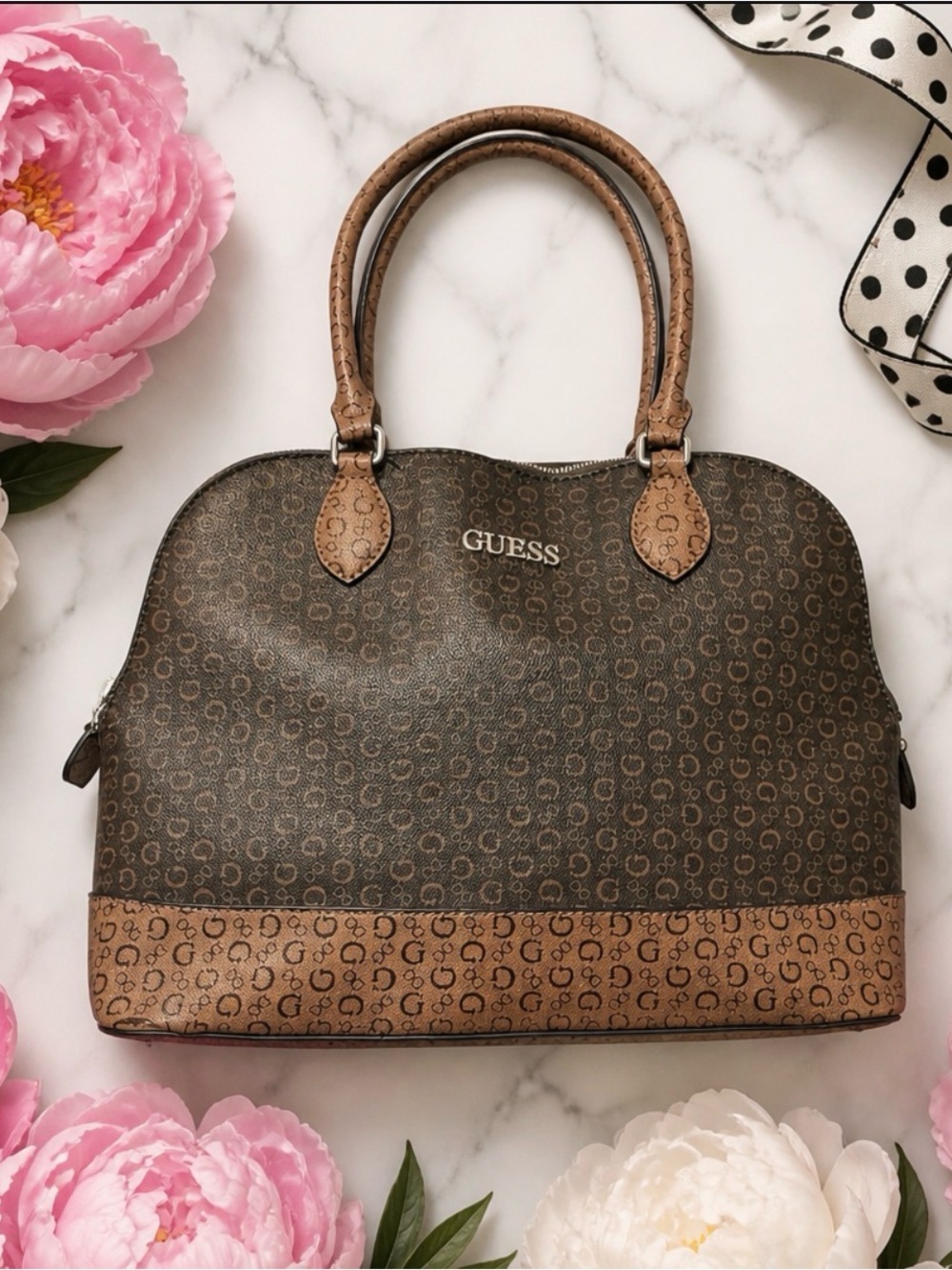 GUESS Brown Two-Tone Logo Satchel